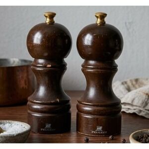 Peugeot Paris Dark Wood Salt and Pepper Mill Set 5.5 Inch Made in France Brass